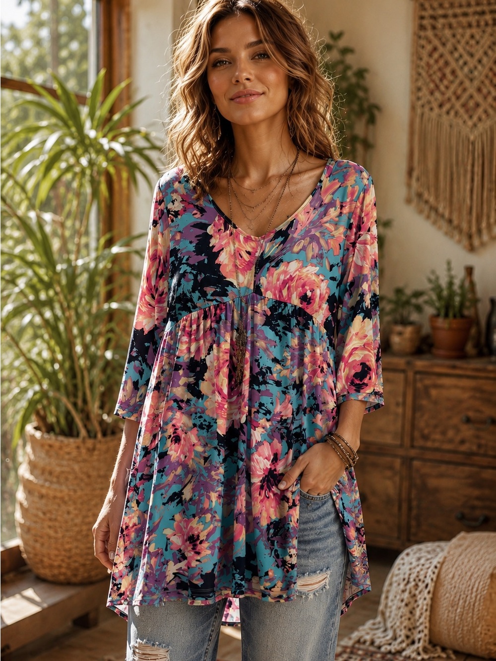 Voll Tunic Top Floral V-Neck Babydoll Pink Blue Bust Bust 40"